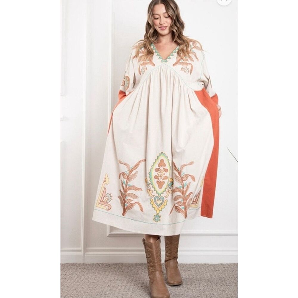Blue Velvet Embroidered Maxi Dress Taupe and Rust Size S